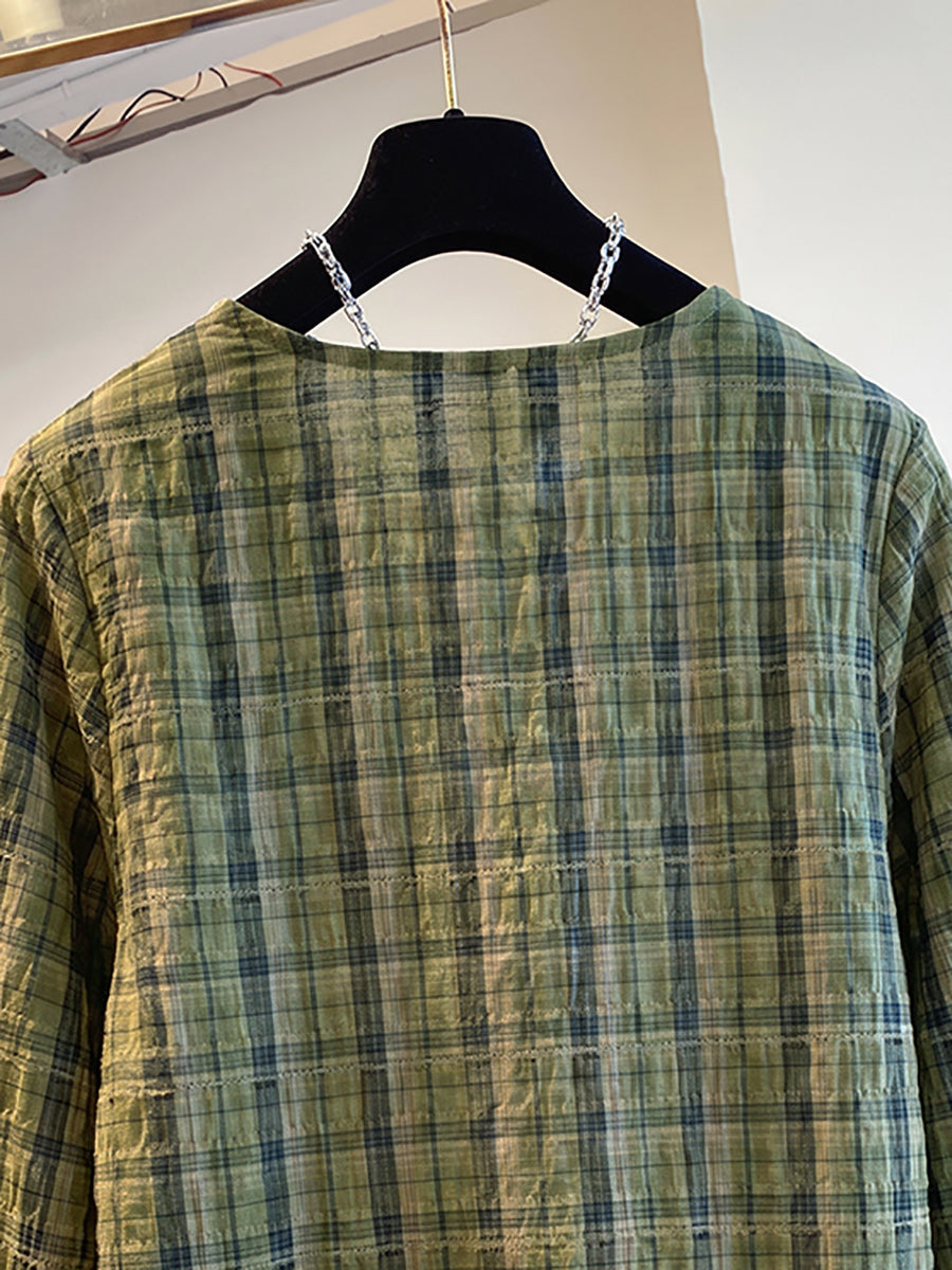 Plus Size Women Plaid Artsy Crew Cotton Long Sleeve Blouse
