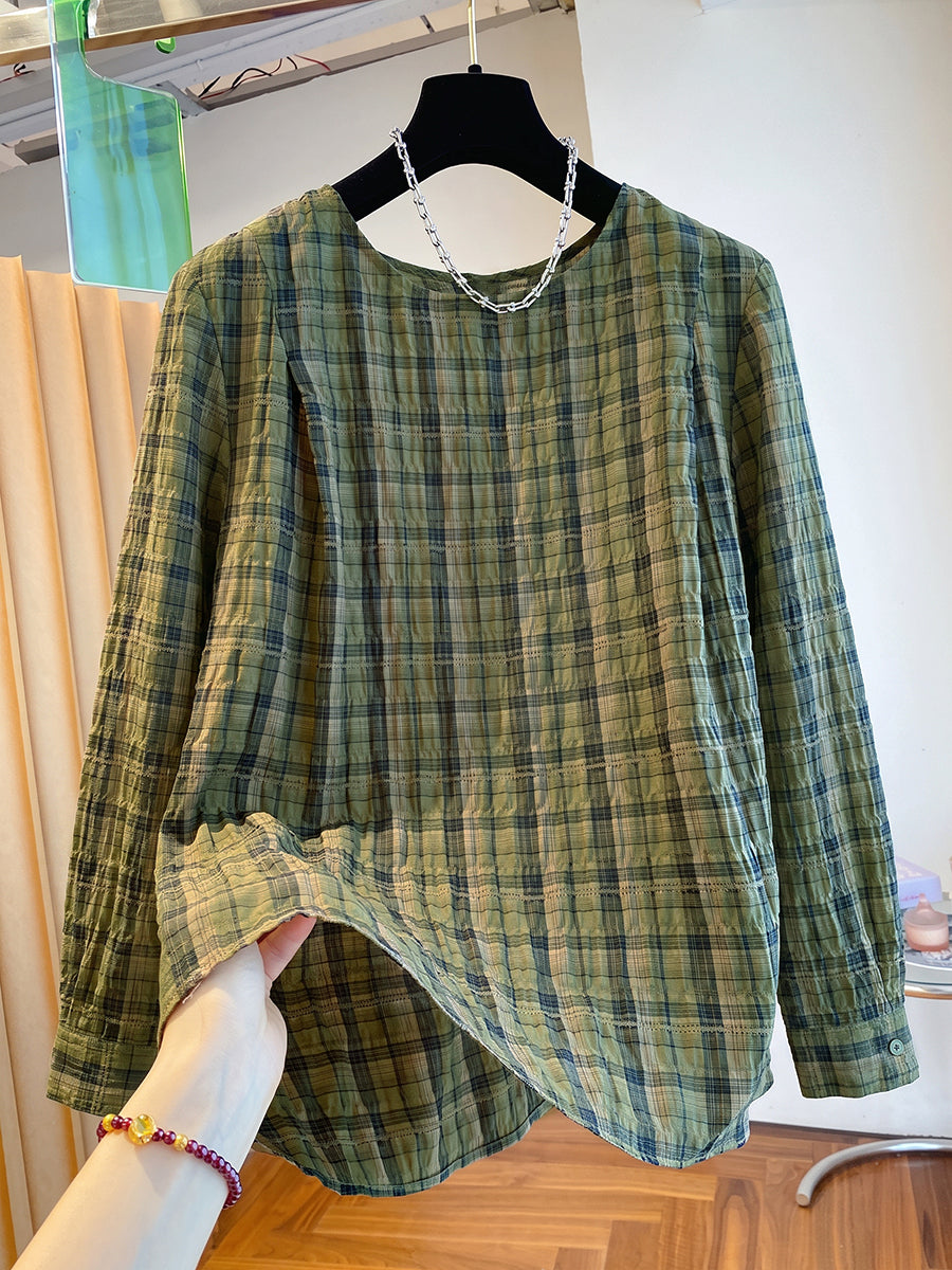 Plus Size Women Plaid Artsy Crew Cotton Long Sleeve Blouse