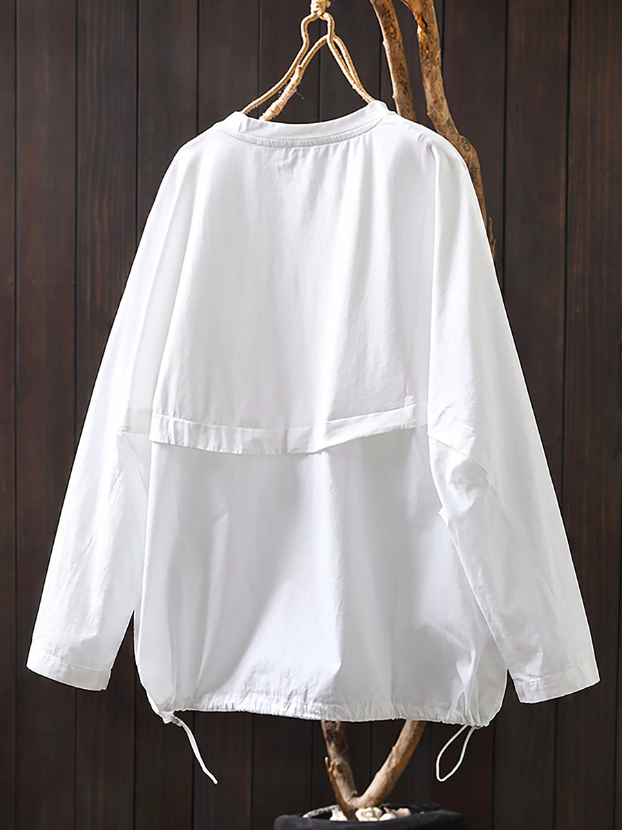 Plus Size Women Pocket Pure Color O-Neck Cotton Long Sleeve Blouse