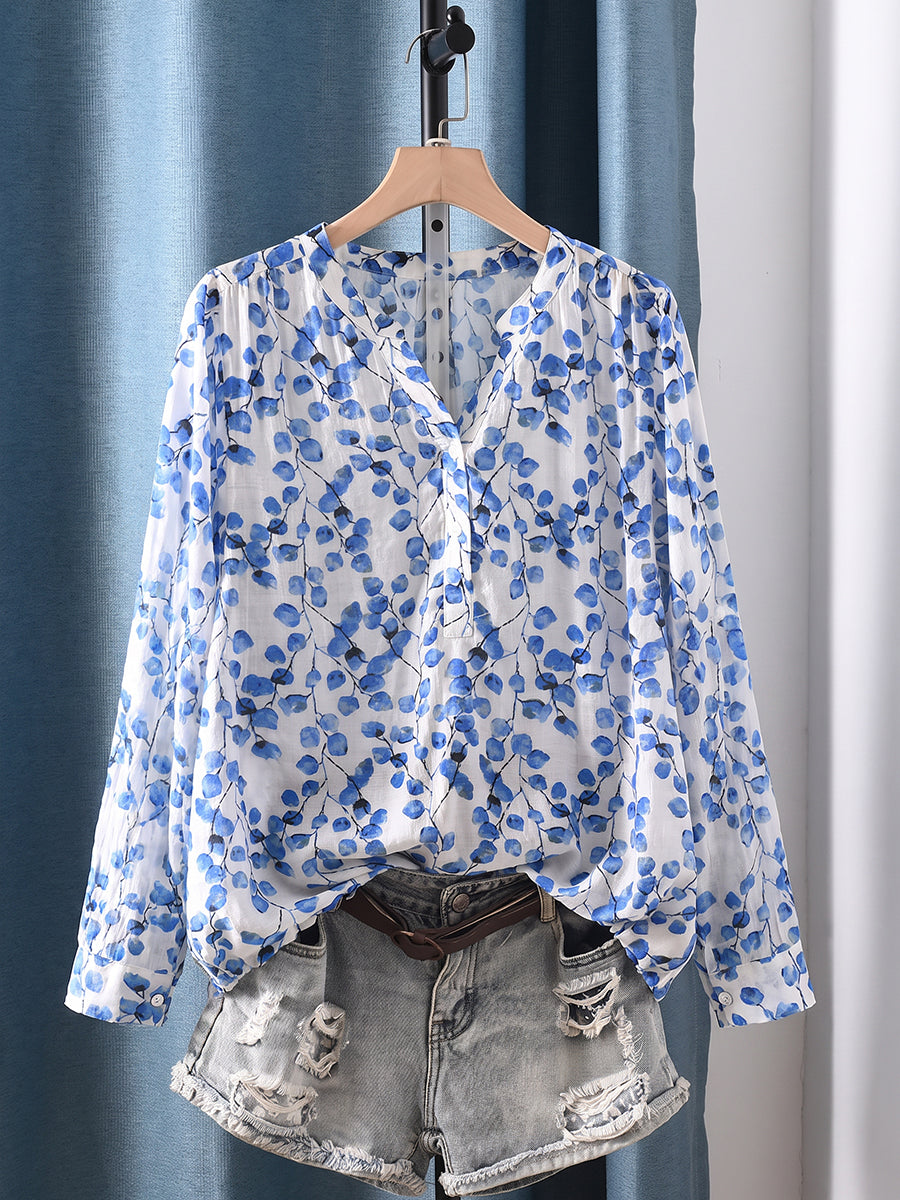 Plus Size Women Casual Floral V-Neck Long Sleeve Blouse