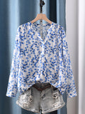 Plus Size Women Casual Floral V-Neck Long Sleeve Blouse