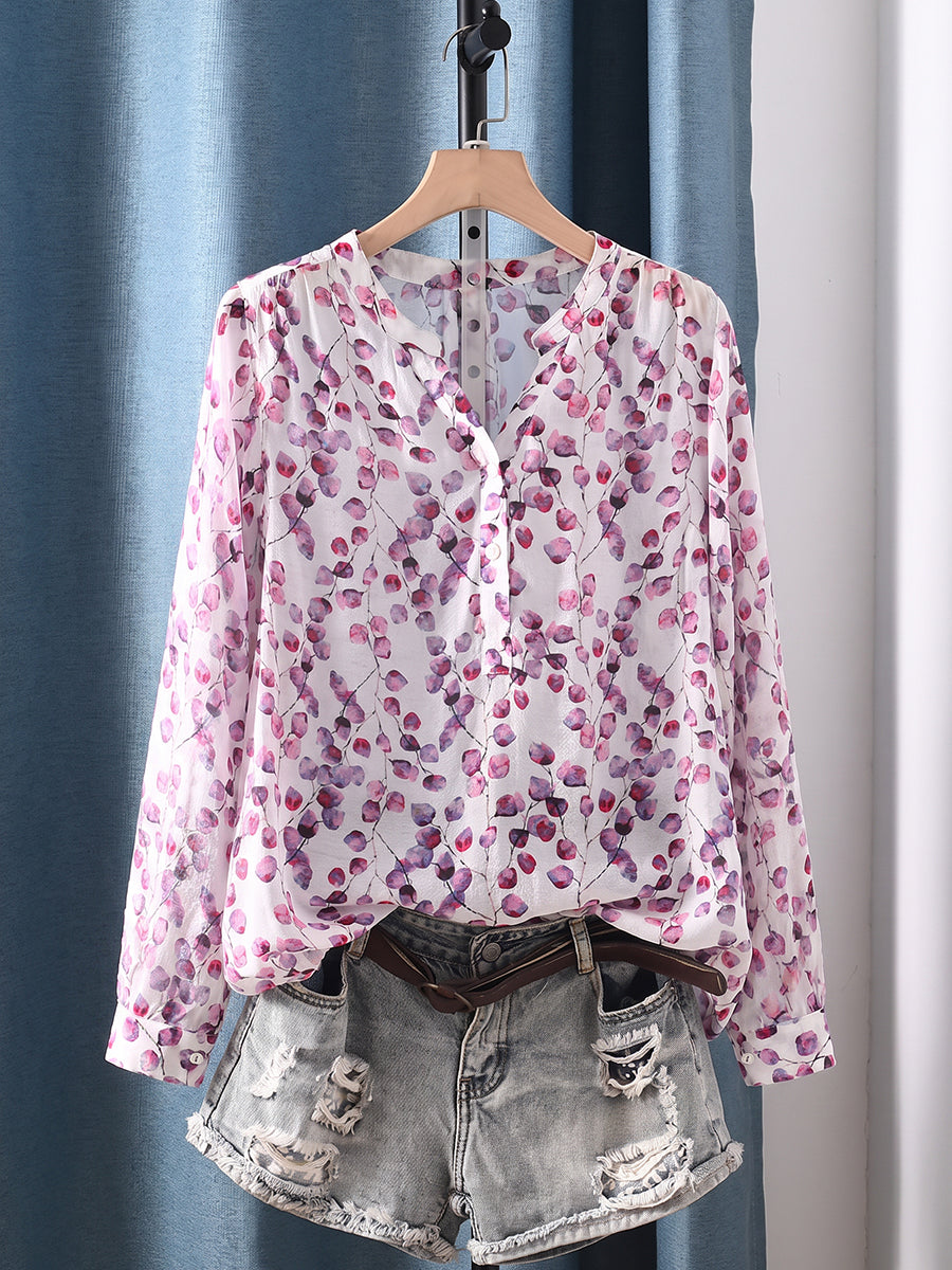 Plus Size Women Casual Floral V-Neck Long Sleeve Blouse