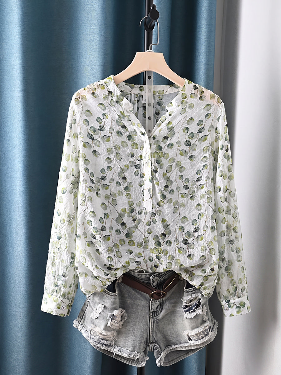 Plus Size Women Casual Floral V-Neck Long Sleeve Blouse
