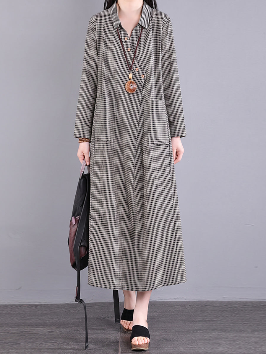 Plus Size Women Casual Plaid Slant Closure Button Loose Dress