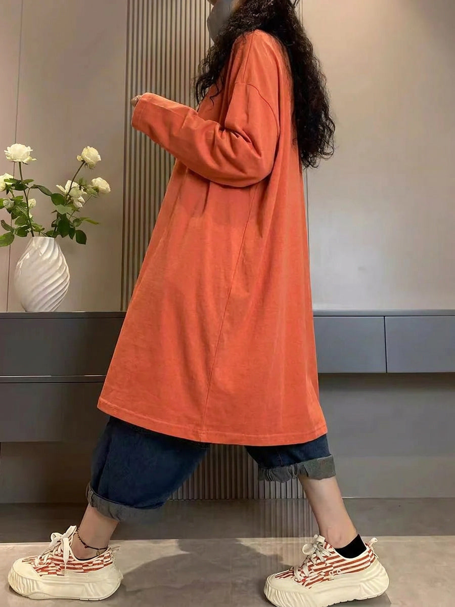 Plus Size Women Artsy Print Autumn Cotton Long Blouse