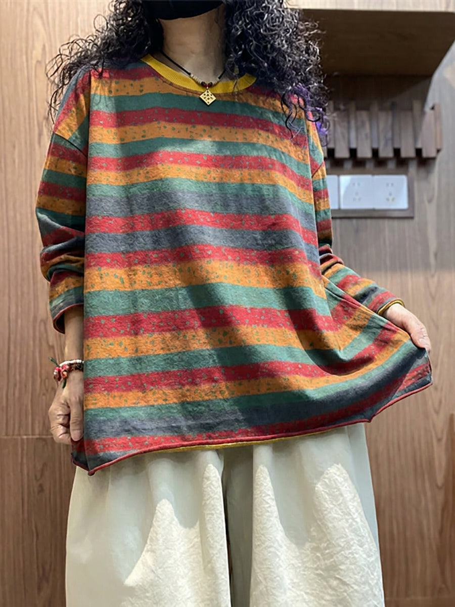 Plus Size Cotton Colorblock Stripe Long Sleeve Blouse