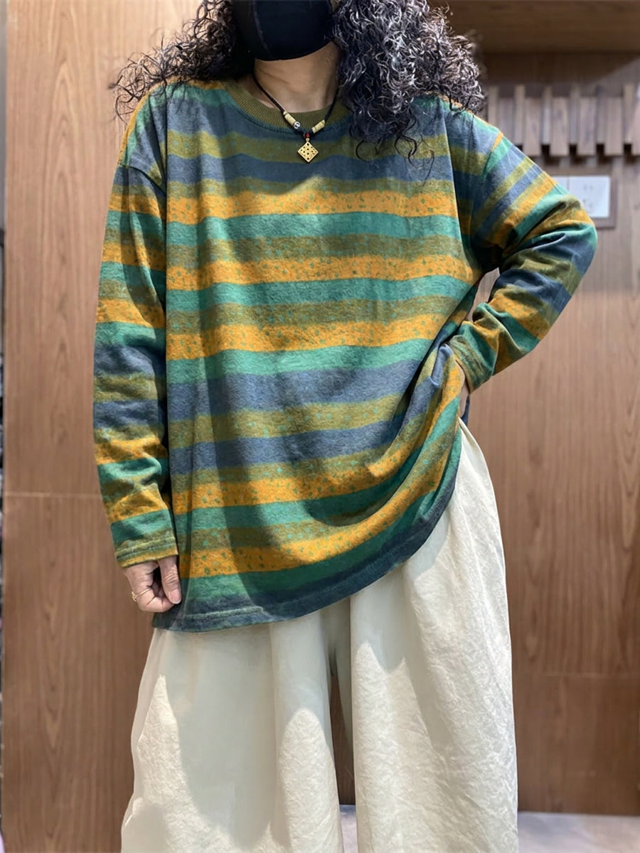 Plus Size Cotton Colorblock Stripe Long Sleeve Blouse
