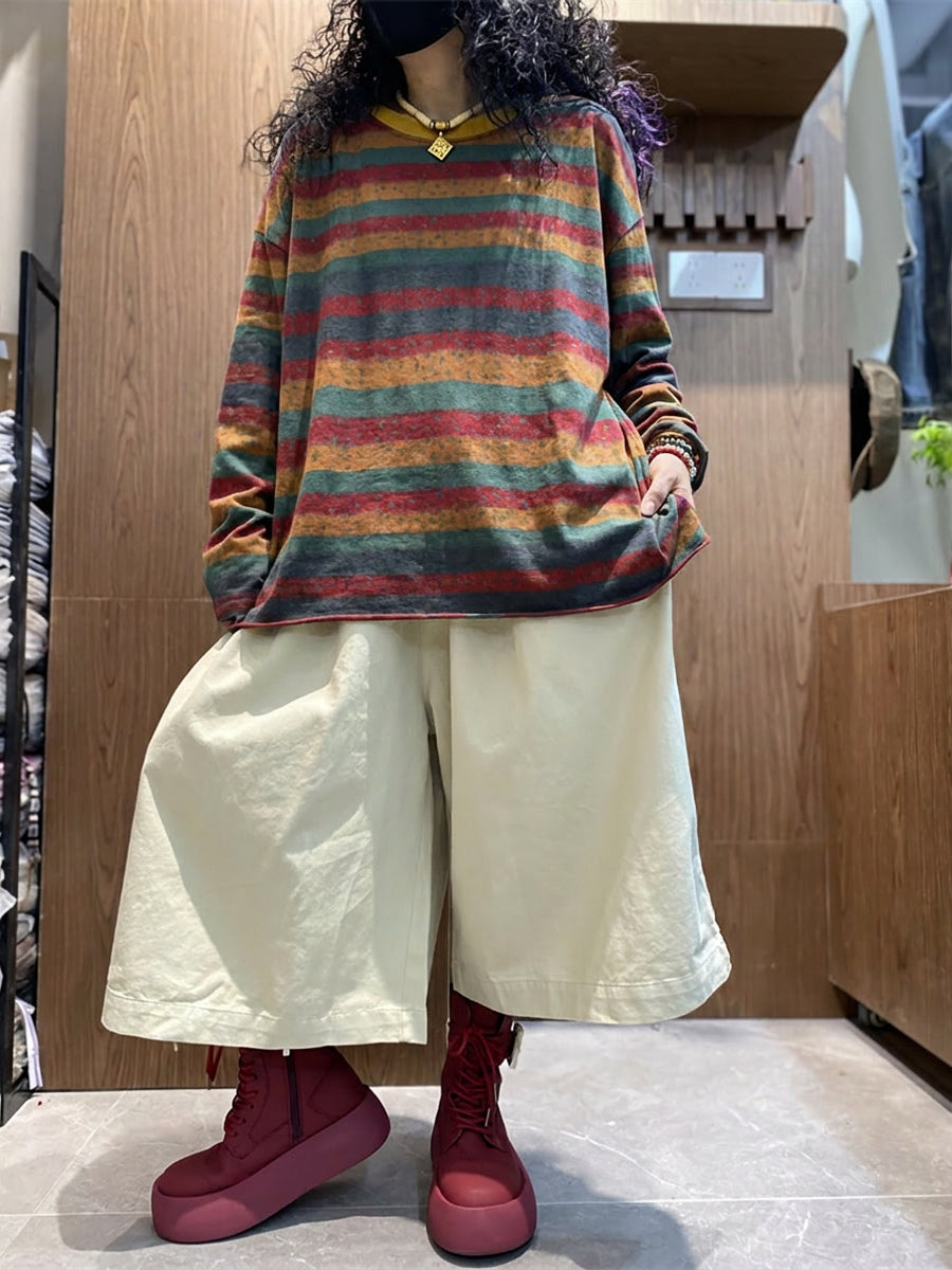 Plus Size Cotton Colorblock Stripe Long Sleeve Blouse