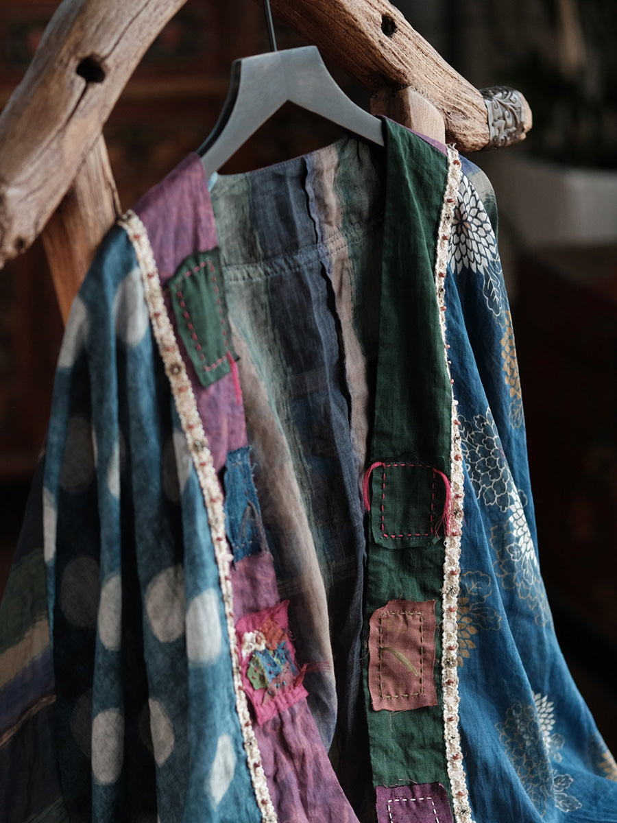 Women Vintage Long Sleeve Ramie Patchwork Cardigan