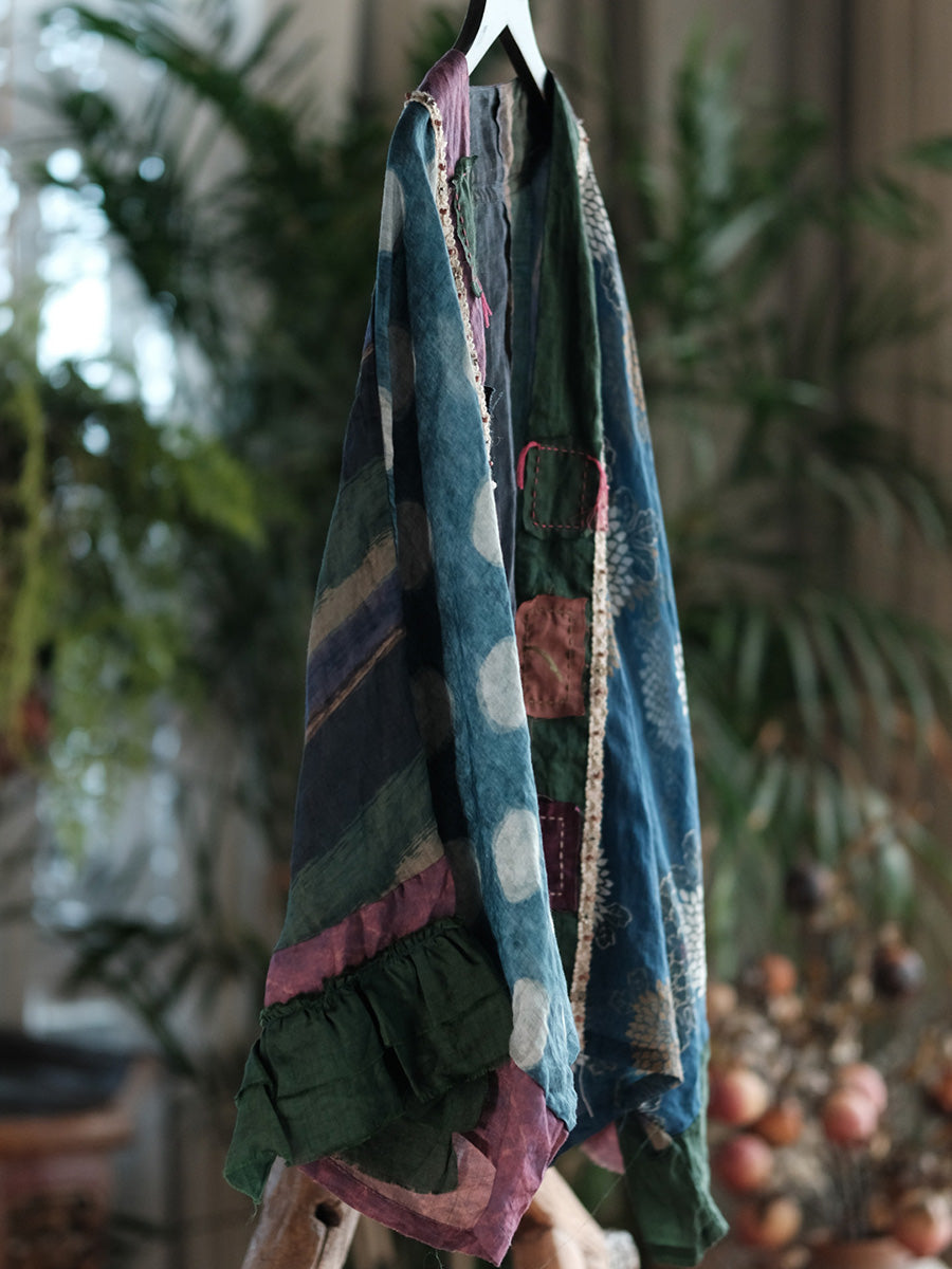 Women Vintage Long Sleeve Ramie Patchwork Cardigan