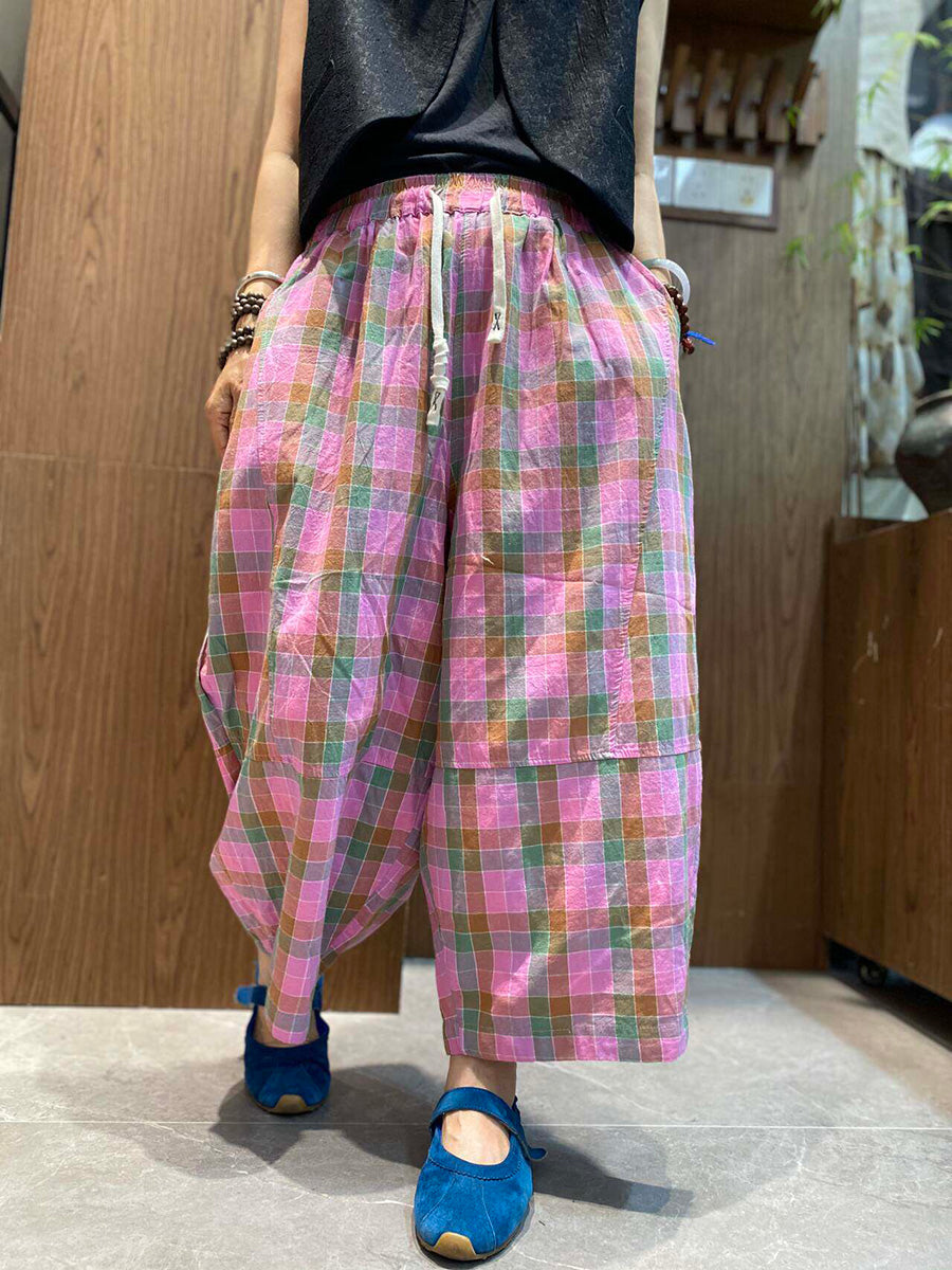 Plus Size Women Retro Ethnic Plaid Loose Cropped Wide-Leg Pants