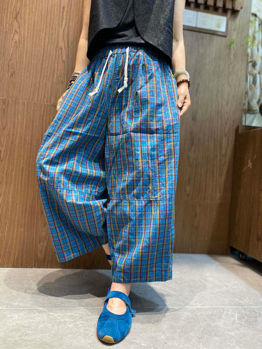 Plus Size Women Retro Ethnic Plaid Loose Cropped Wide-Leg Pants