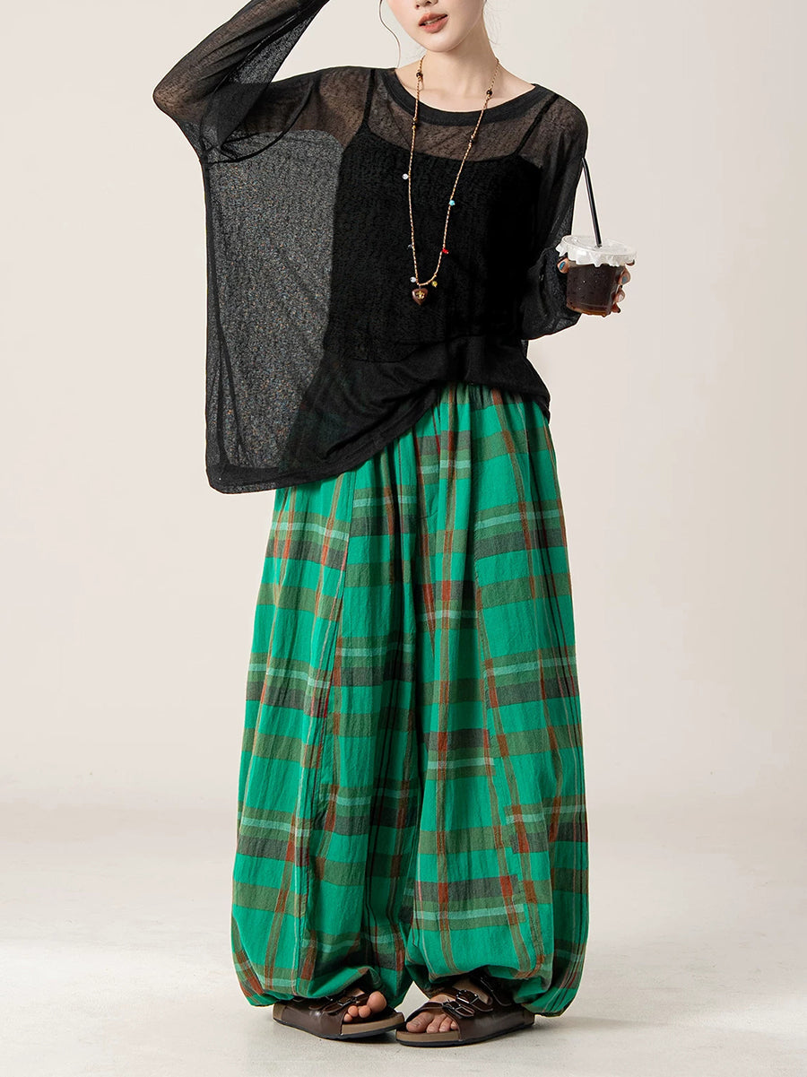 Plus Size Women Summer Loose Plaid Wide-Leg Pants