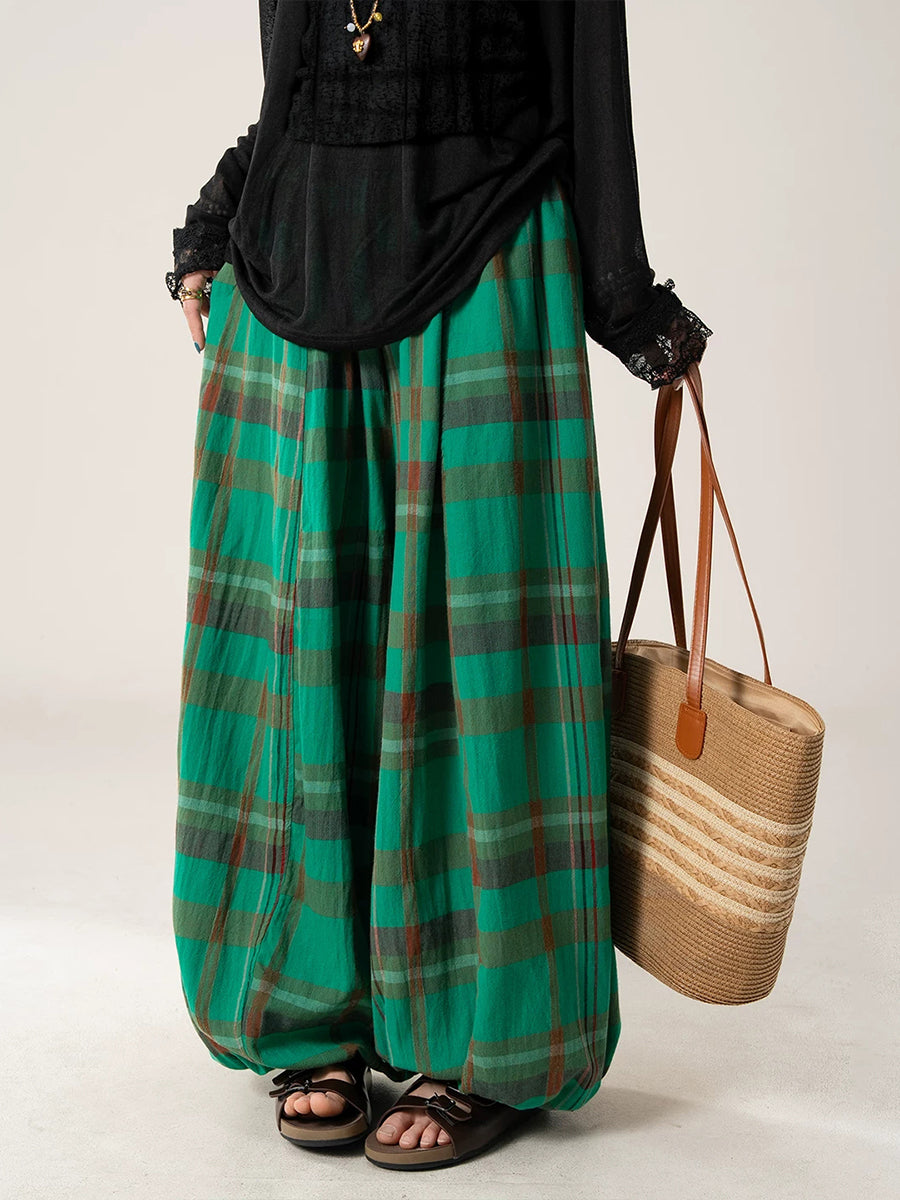 Plus Size Women Summer Loose Plaid Wide-Leg Pants