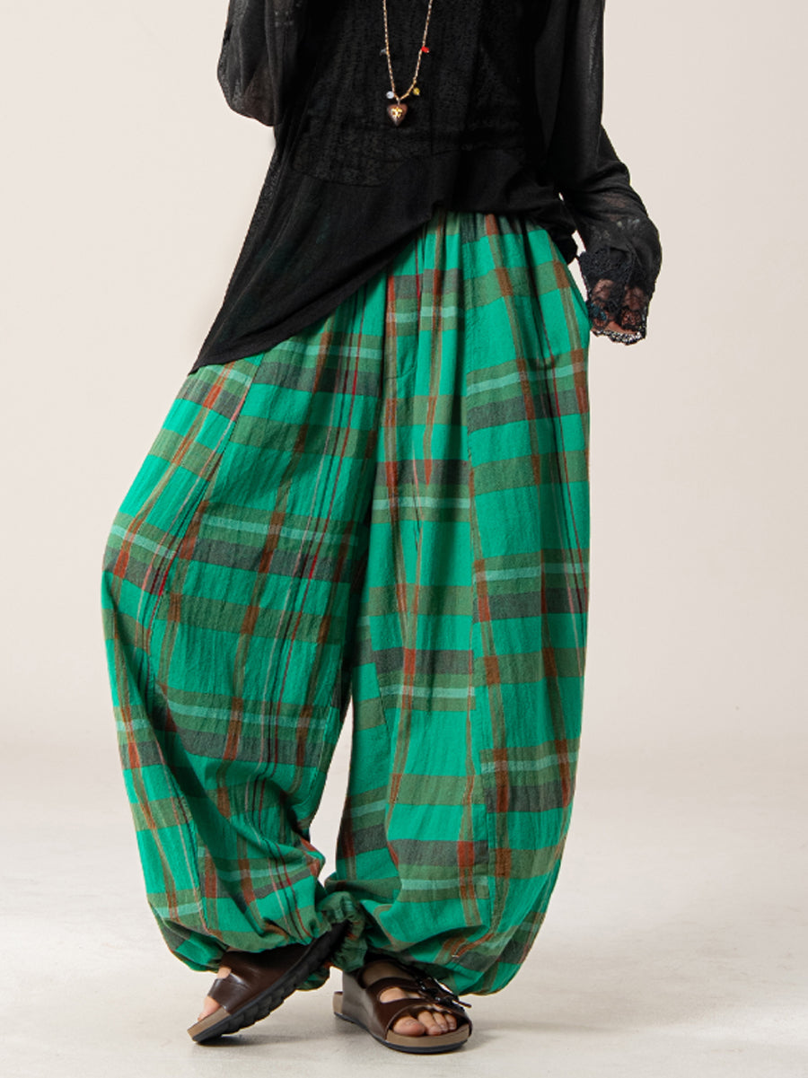 Plus Size Women Summer Loose Plaid Wide-Leg Pants