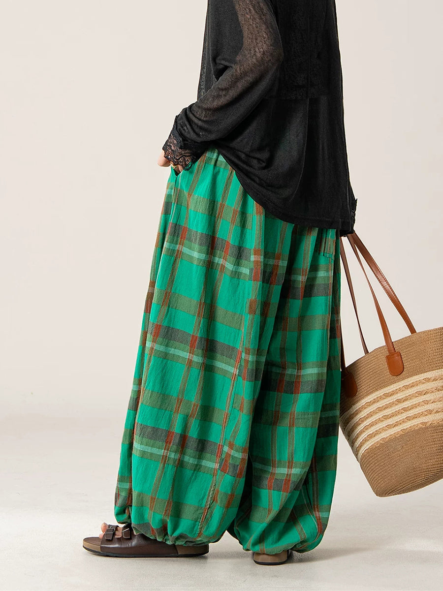 Plus Size Women Summer Loose Plaid Wide-Leg Pants