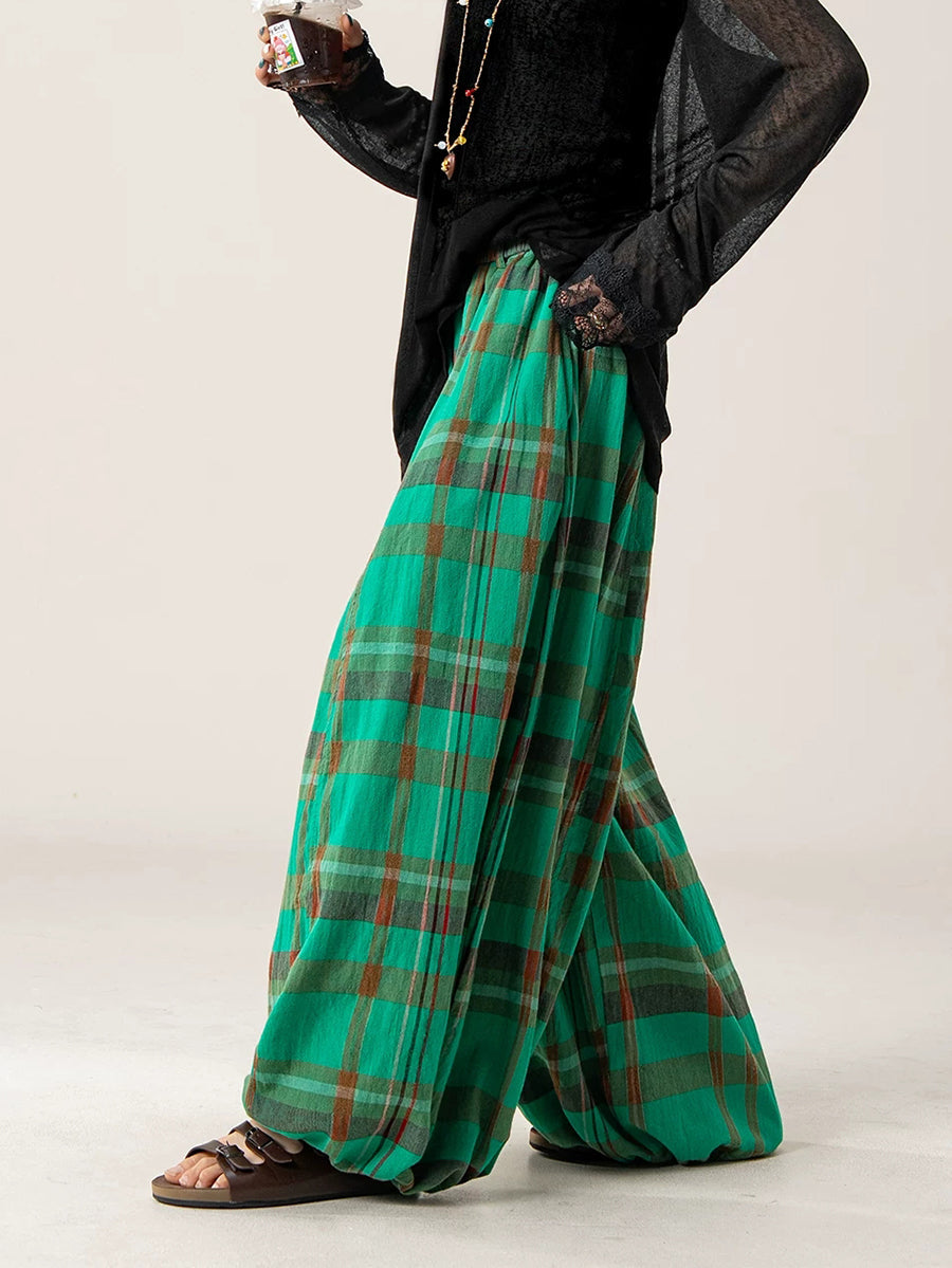Plus Size Women Summer Loose Plaid Wide-Leg Pants