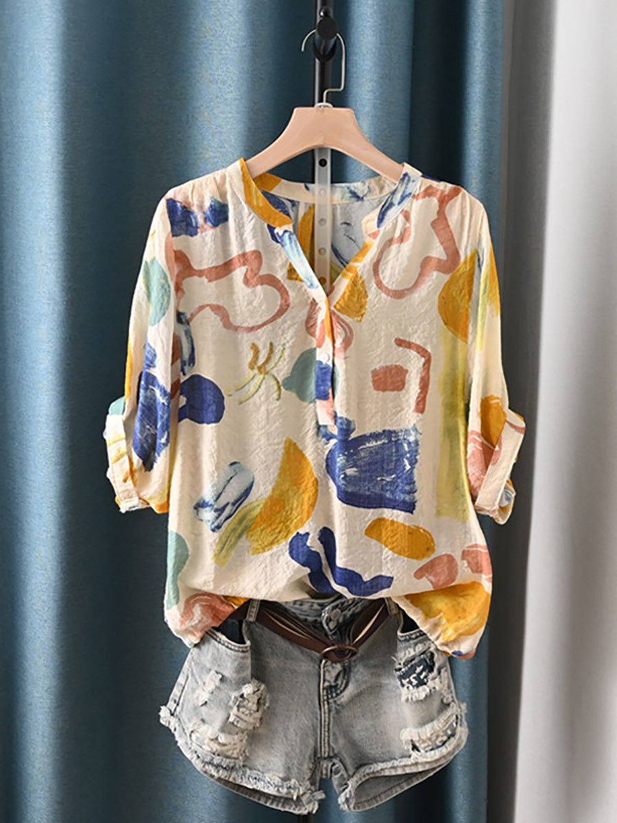 Women Summer Print Vintage V-neck Loose Batwing Sleeve Shirt