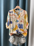 Women Summer Print Vintage V-neck Loose Batwing Sleeve Shirt