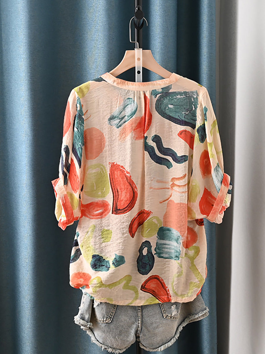 Women Summer Print Vintage V-neck Loose Batwing Sleeve Shirt