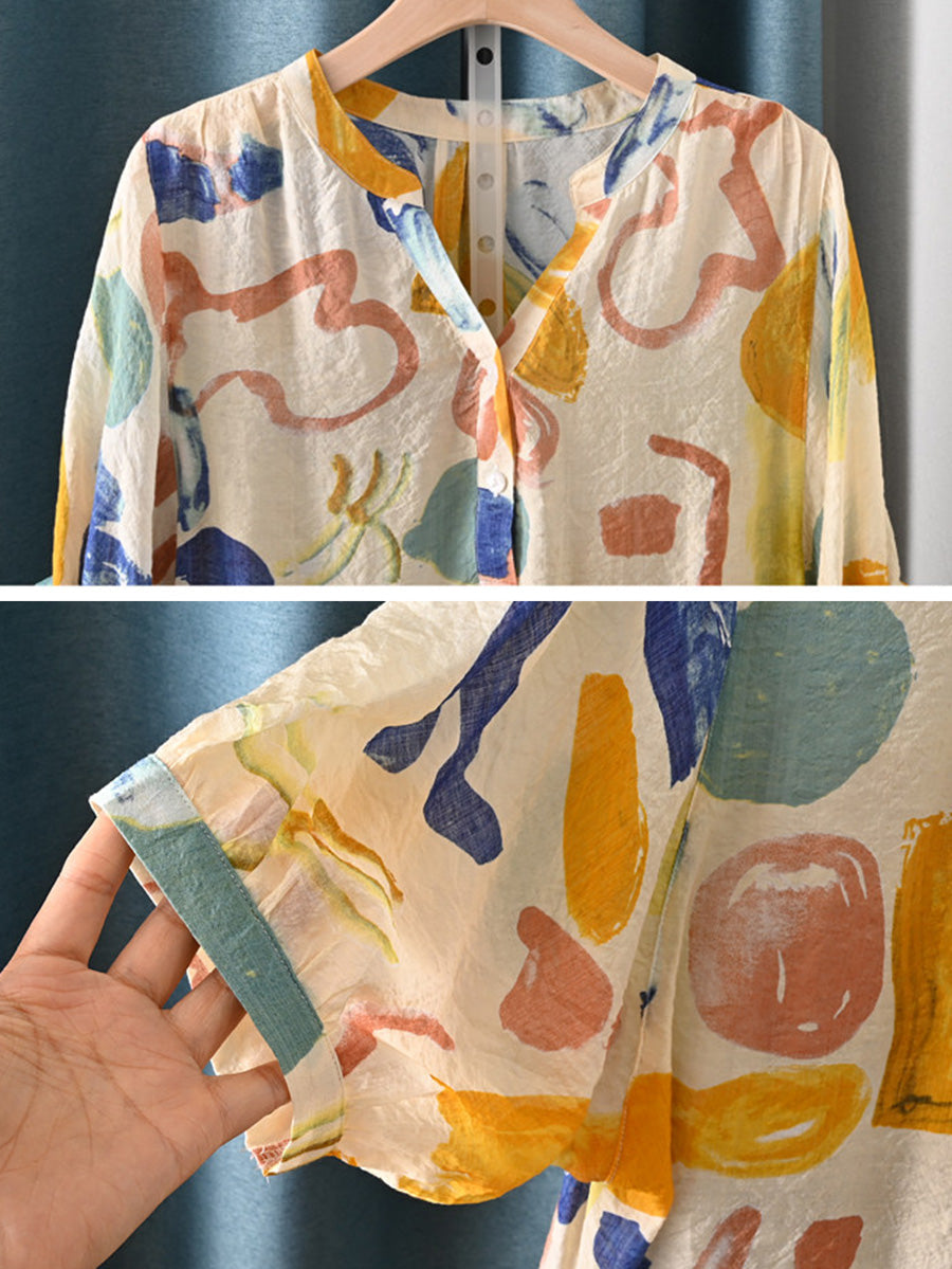 Women Summer Print Vintage V-neck Loose Batwing Sleeve Shirt