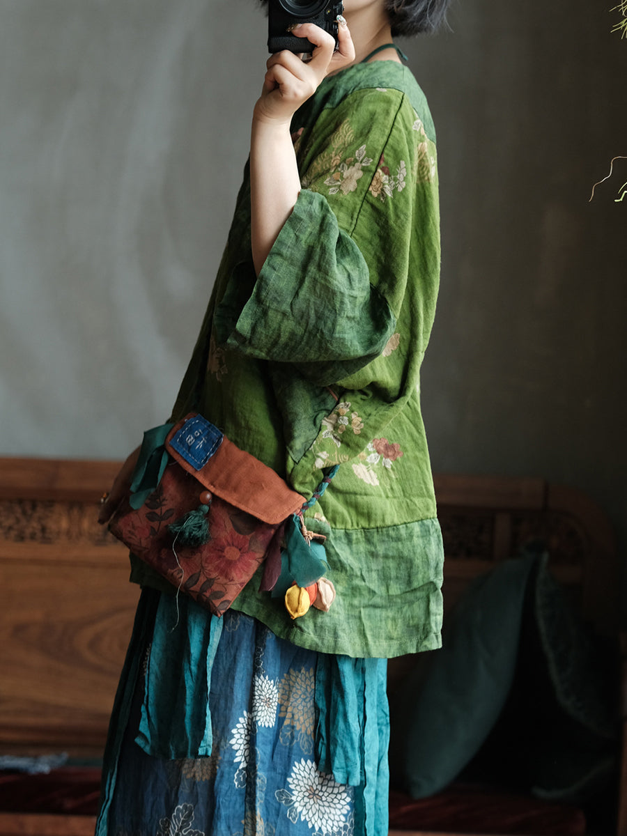 Women Summer Floral Vintage Crew Neck Cotton Shirt