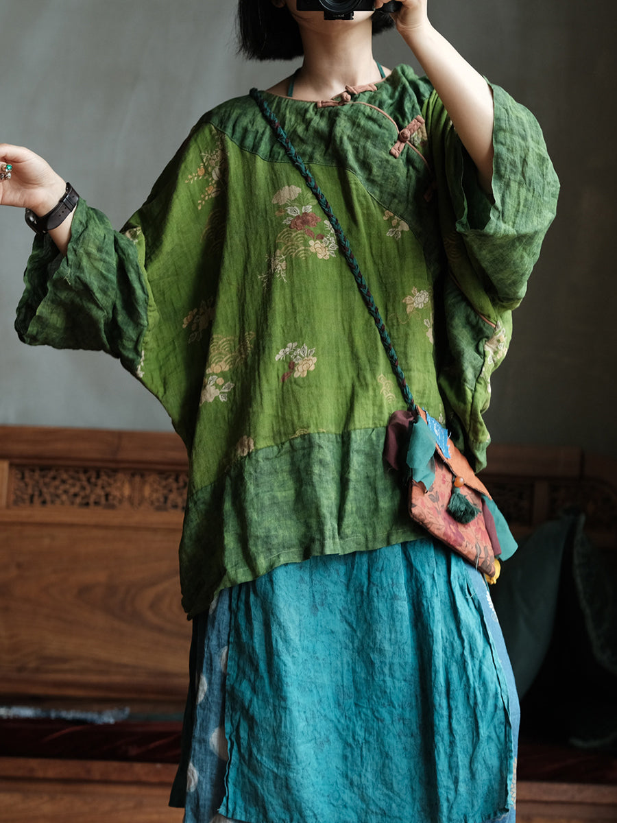 Women Summer Floral Vintage Crew Neck Cotton Shirt