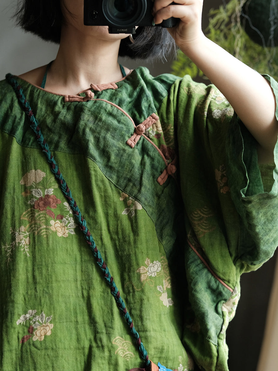 Women Summer Floral Vintage Crew Neck Cotton Shirt