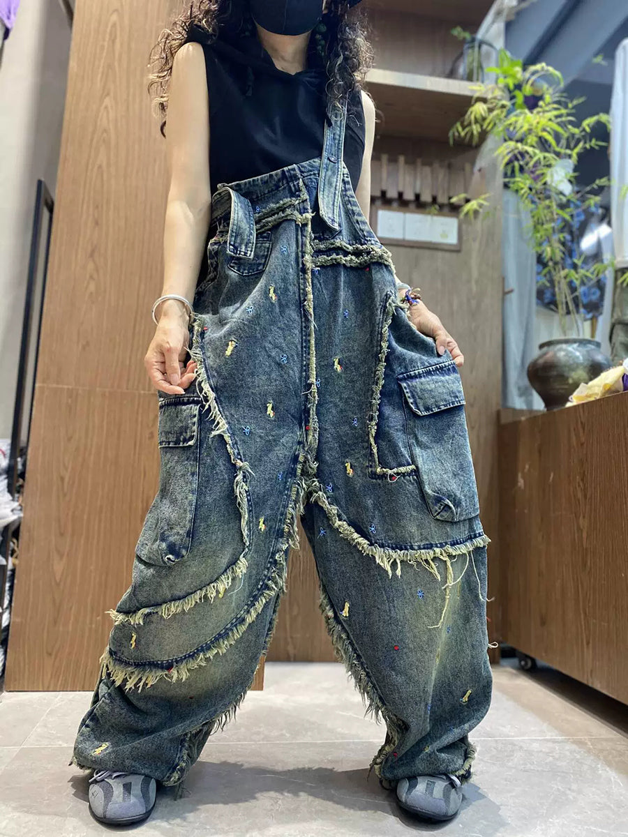 Women Vintage Embroidery Loose-Fit Frayed-Edge Denim Overalls