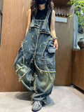 Women Vintage Embroidery Loose-Fit Frayed-Edge Denim Overalls
