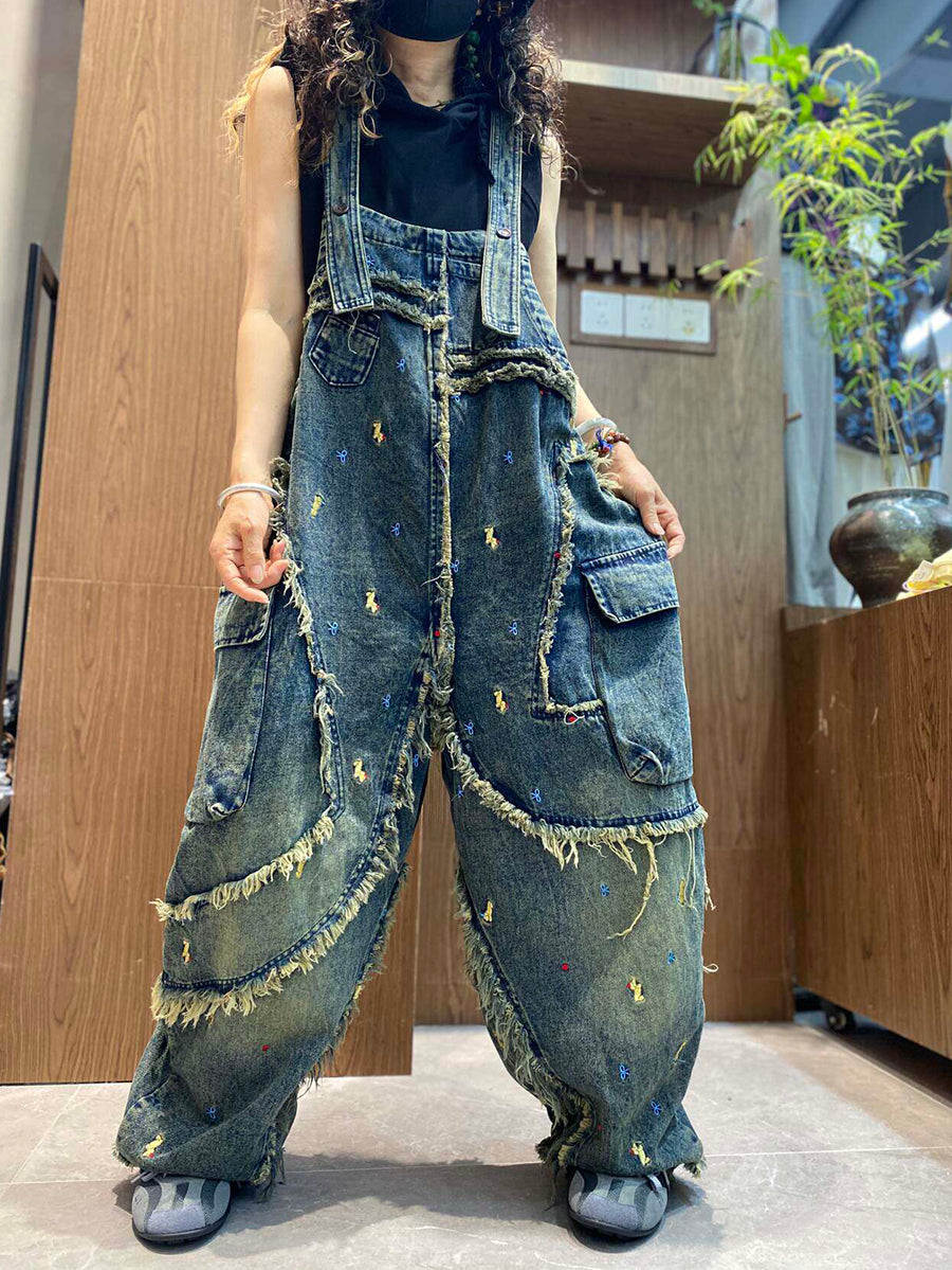 Women Vintage Embroidery Loose-Fit Frayed-Edge Denim Overalls