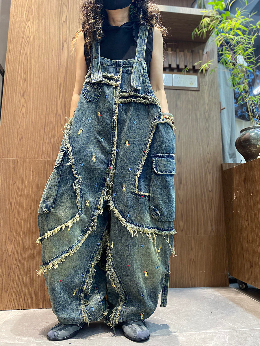 Women Vintage Embroidery Loose-Fit Frayed-Edge Denim Overalls