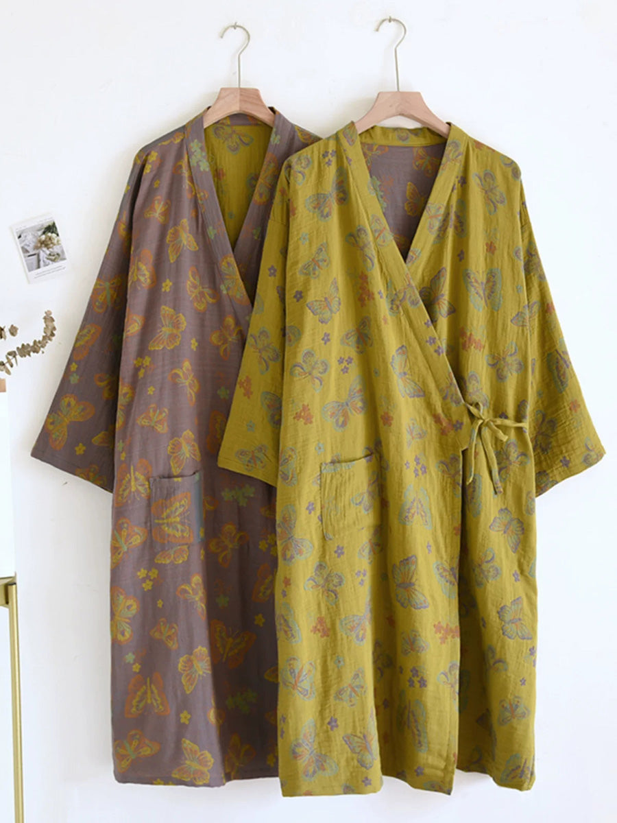 Plus Size Vintage Jacquard Lightweight 100% Cotton Gauze Lounge Robe