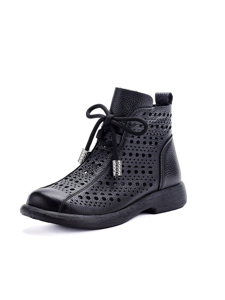 Women Retro Genuine Leather Openwork Boots