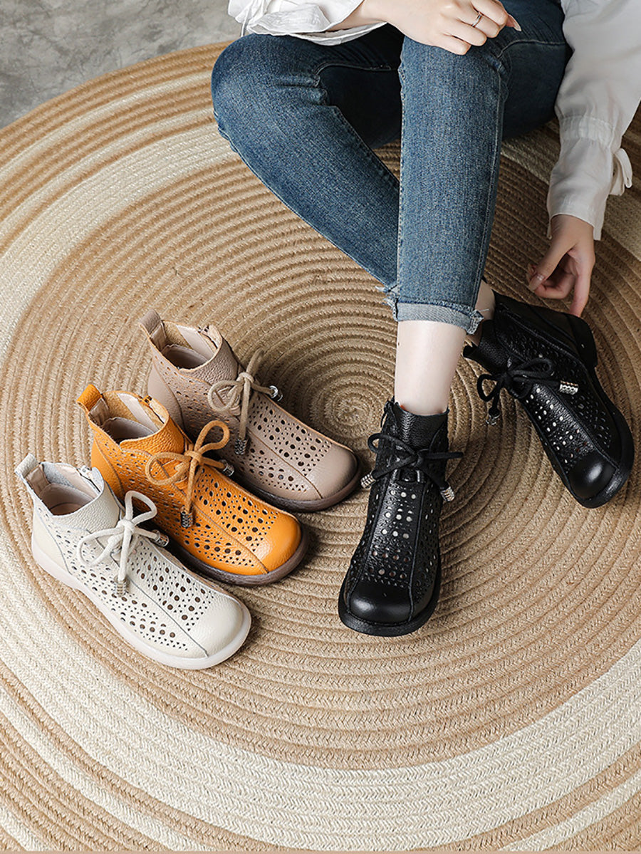 Women Retro Genuine Leather Openwork Boots