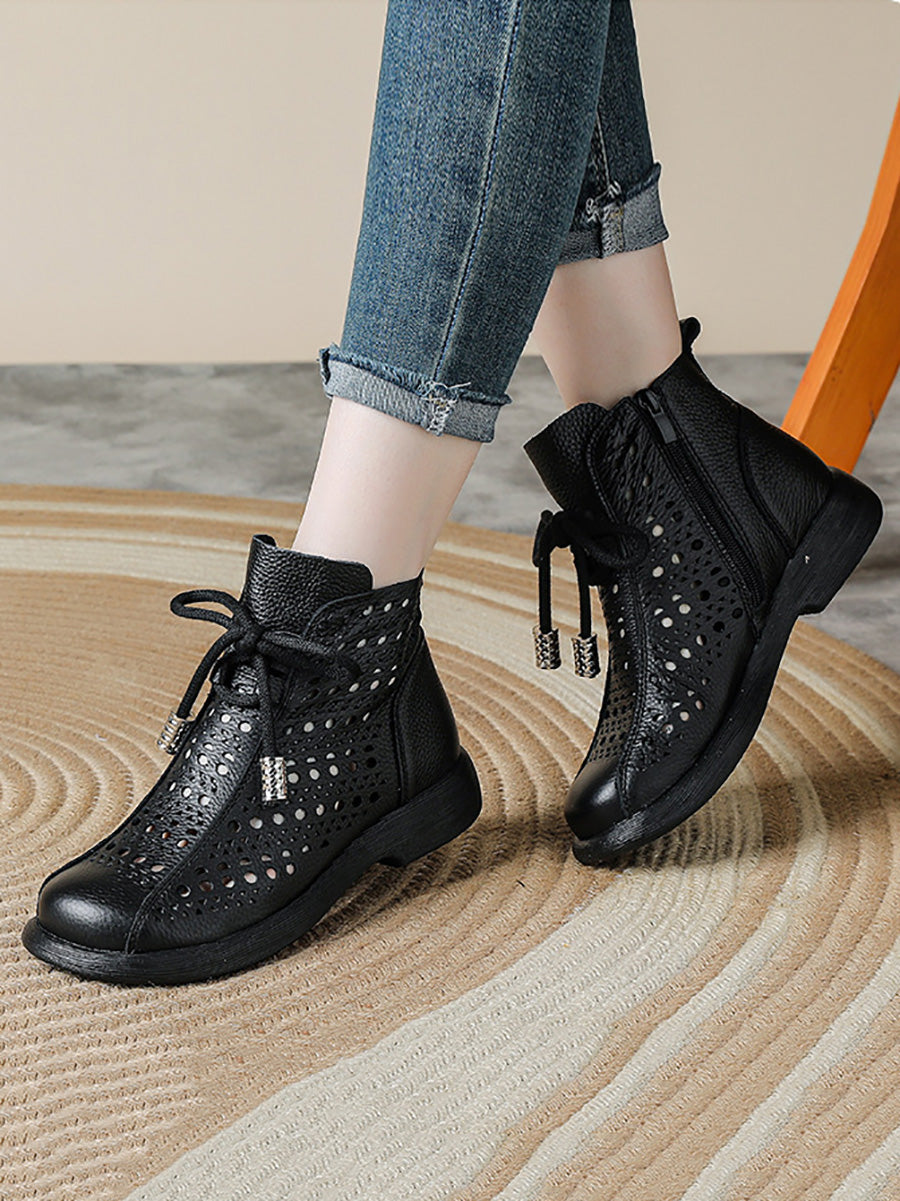Women Retro Genuine Leather Openwork Boots