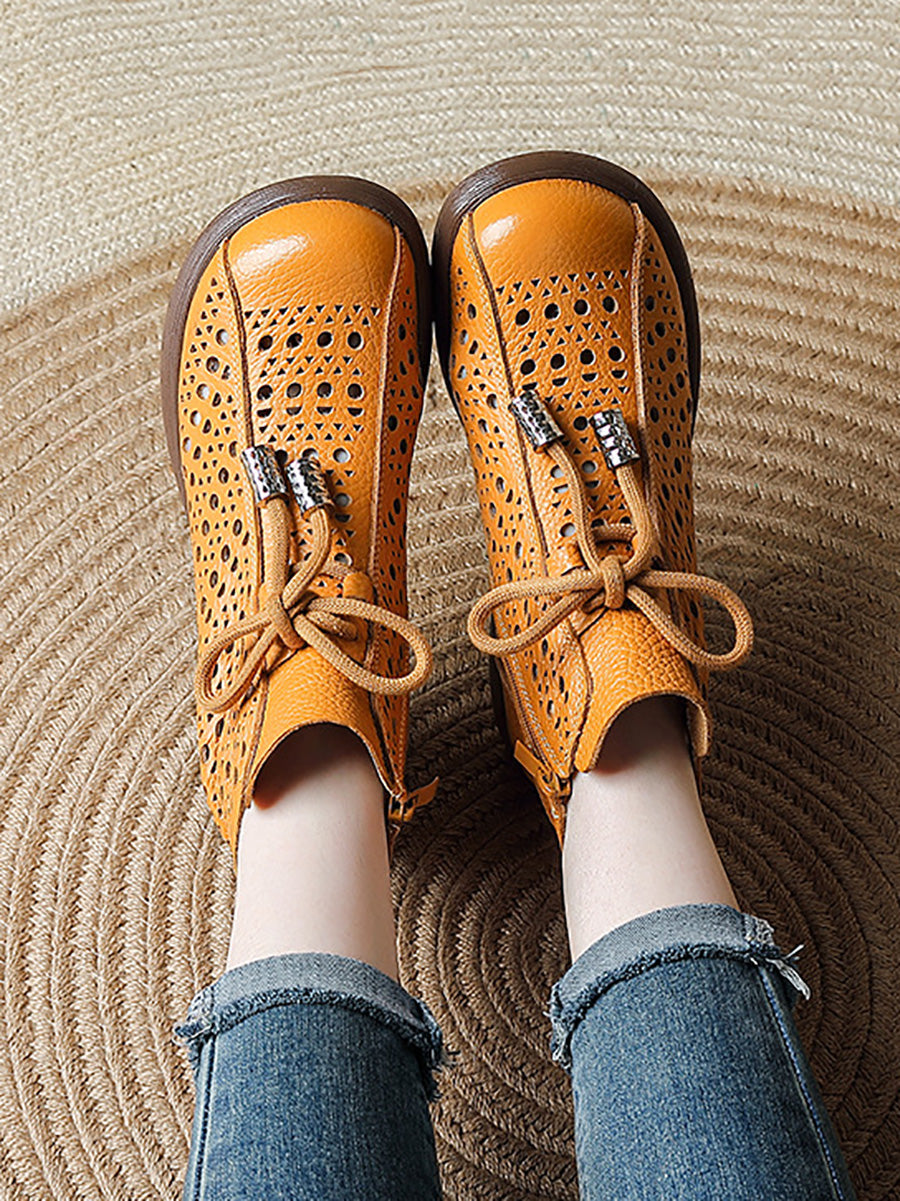 Women Retro Genuine Leather Openwork Boots