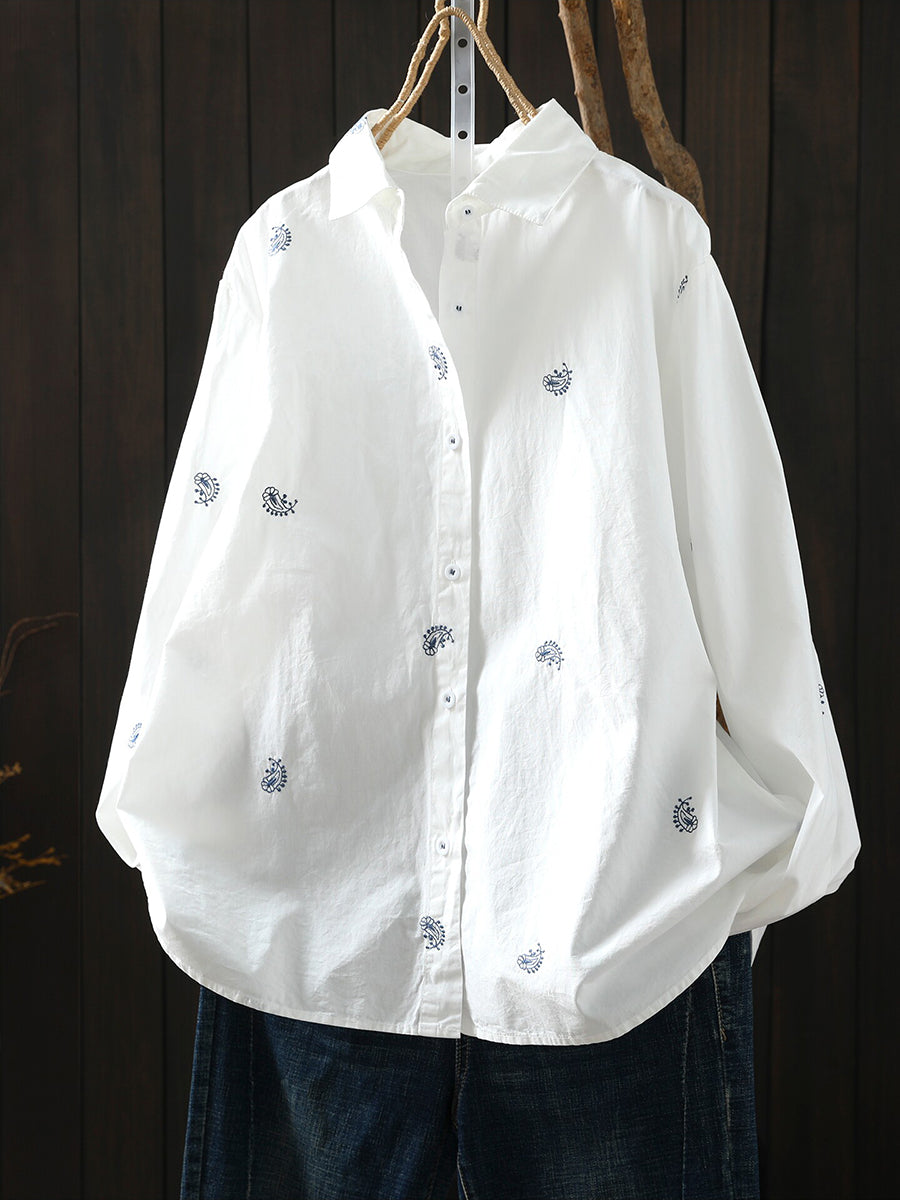 Plus Size Women Embroidery Artsy Long Sleeve Cotton Shirt