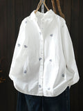 Plus Size Women Embroidery Artsy Long Sleeve Cotton Shirt