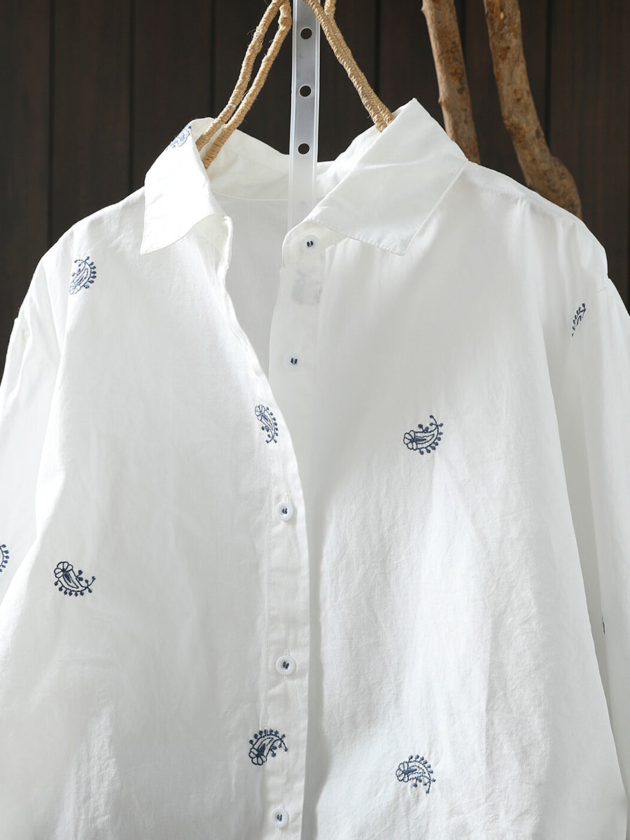 Plus Size Women Embroidery Artsy Long Sleeve Cotton Shirt