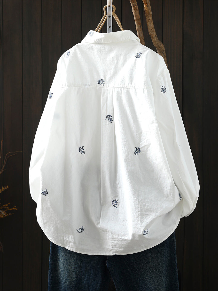 Plus Size Women Embroidery Artsy Long Sleeve Cotton Shirt