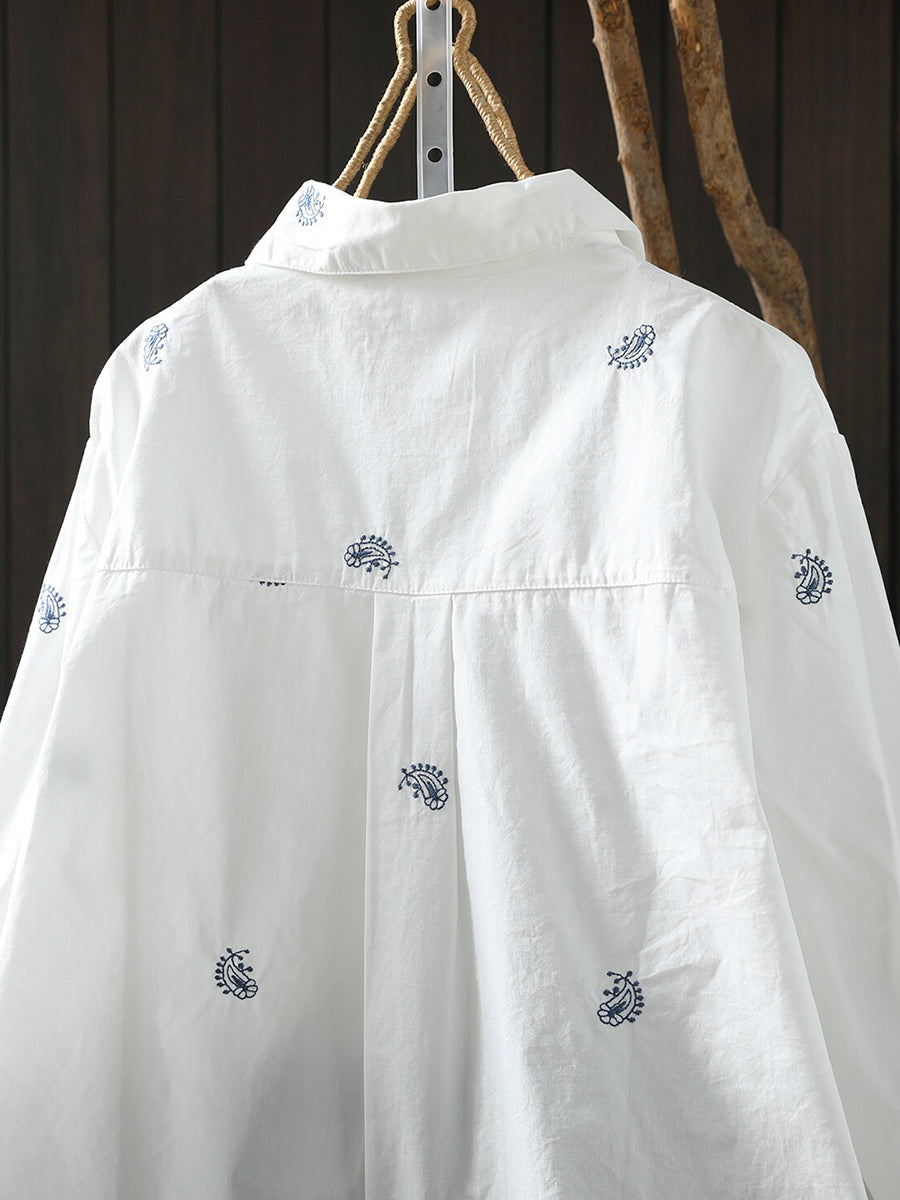 Plus Size Women Embroidery Artsy Long Sleeve Cotton Shirt