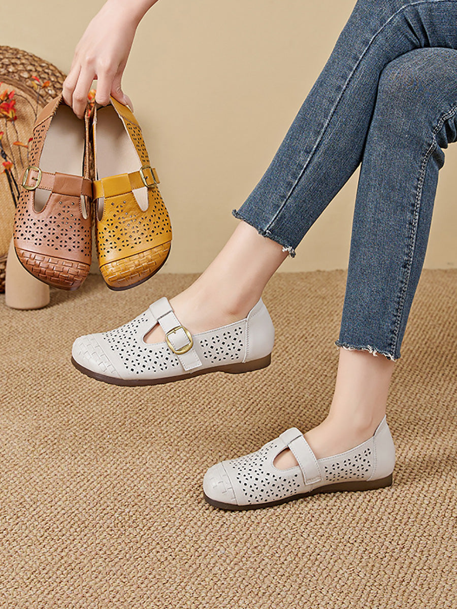 Women Genuine Leather Summer Openwork Low-Heel Sandals