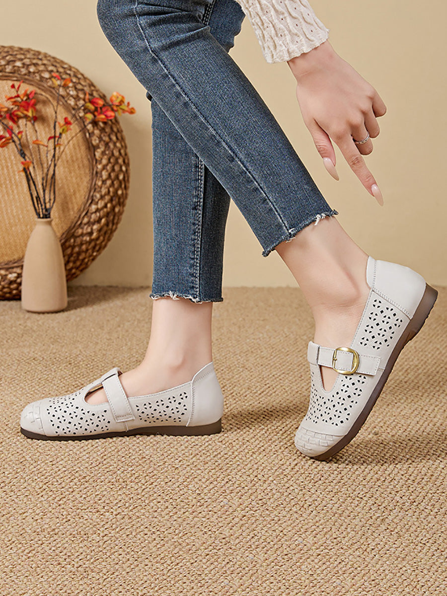Women Genuine Leather Summer Openwork Low-Heel Sandals