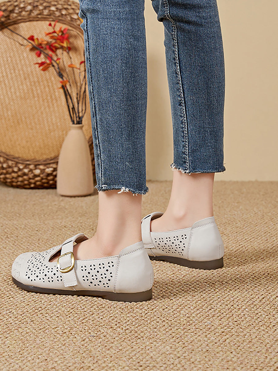 Women Genuine Leather Summer Openwork Low-Heel Sandals