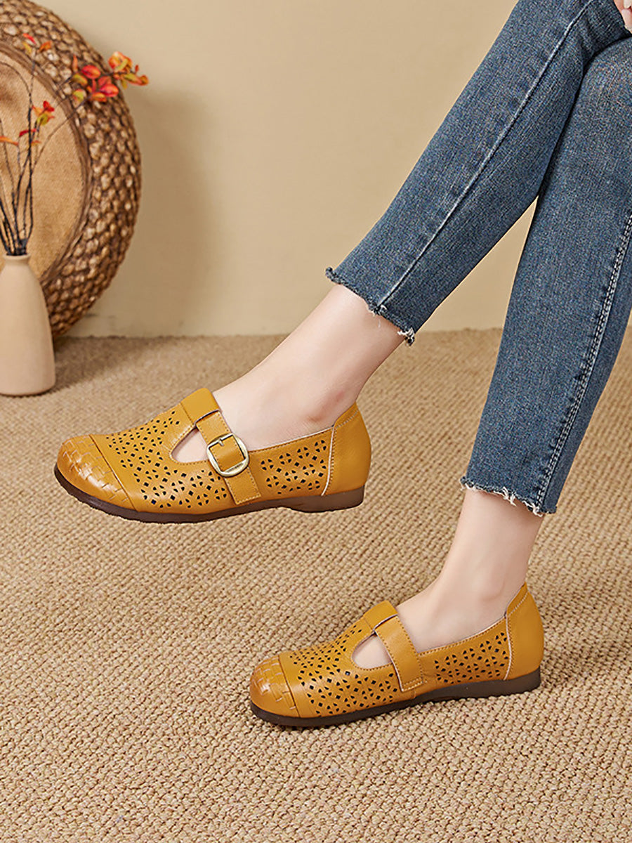 Women Genuine Leather Summer Openwork Low-Heel Sandals