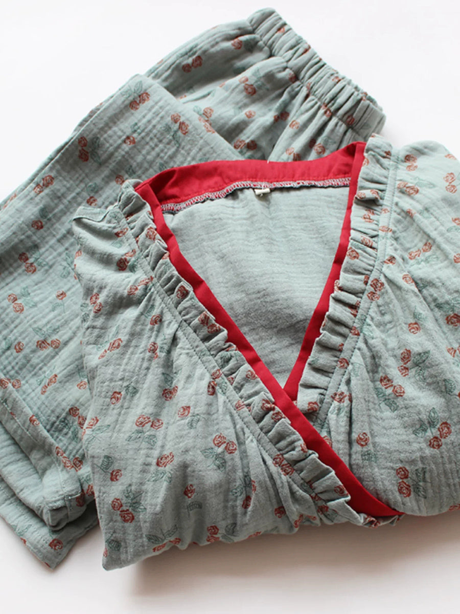 Plus Size Women Floral Double-Layer Crinkled Gauze Cotton Pajama Set