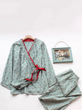 Plus Size Women Floral Double-Layer Crinkled Gauze Cotton Pajama Set