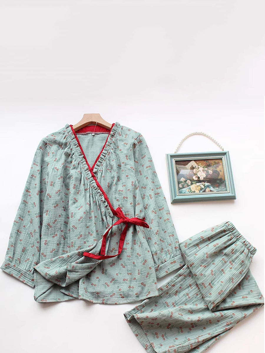 Plus Size Women Floral Double-Layer Crinkled Gauze Cotton Pajama Set
