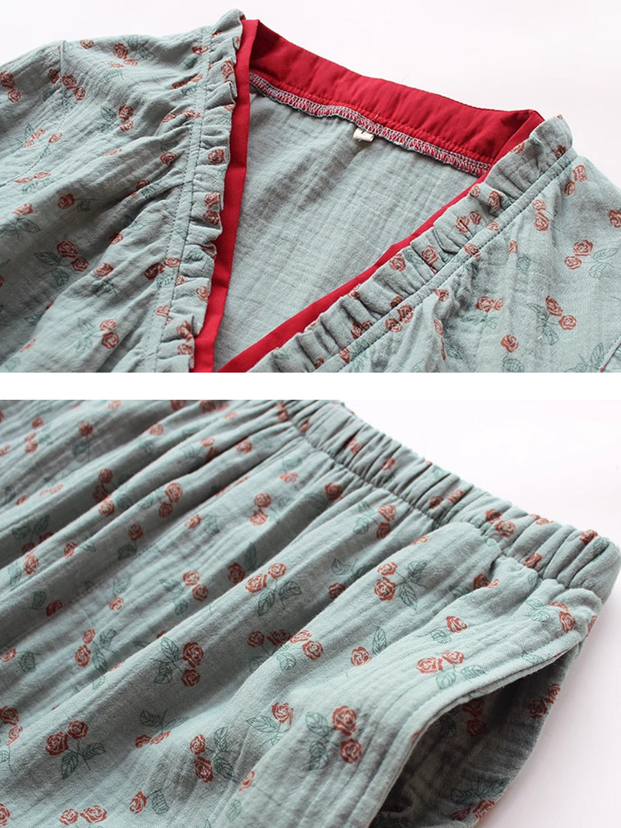 Plus Size Women Floral Double-Layer Crinkled Gauze Cotton Pajama Set